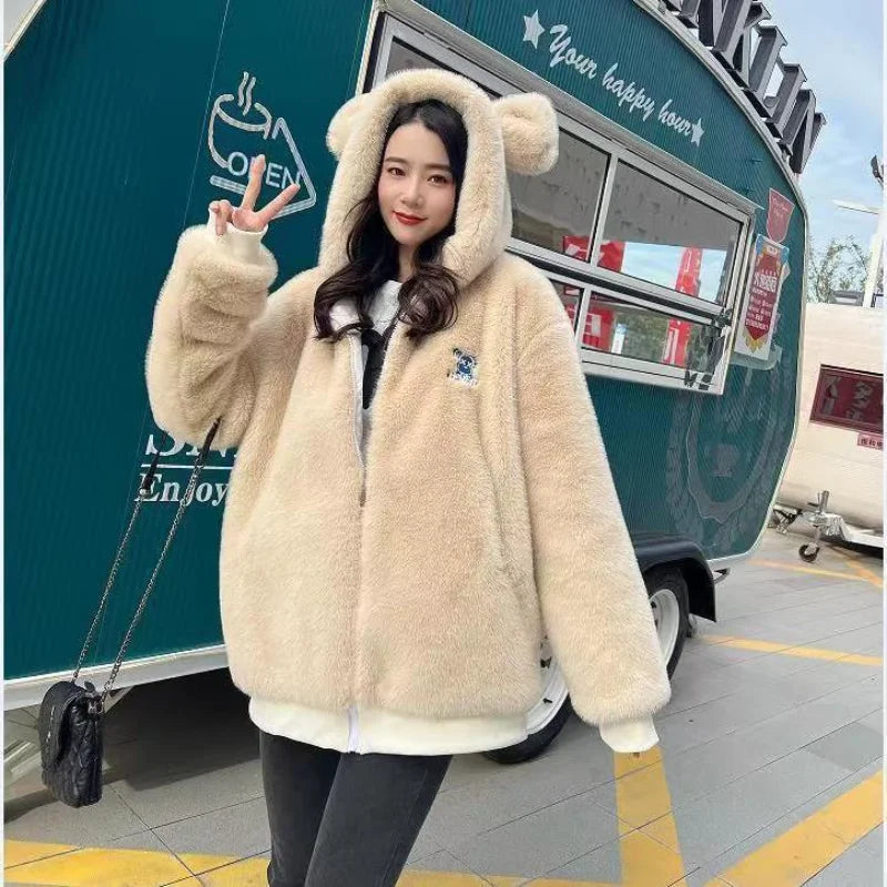 ZXRYXGS Autumn Winter Women Coat Imitation Fur Coat 2023 Bestselling Hooded Bear Ears Cotton Clothing Woman's Jacket Coat