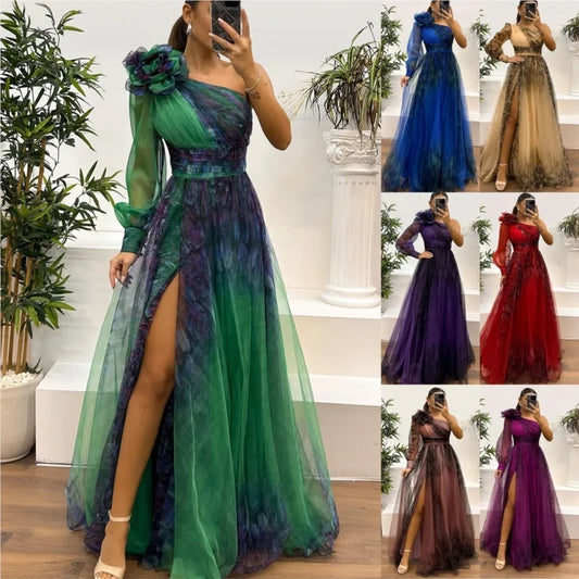 Women's Wedding Dress Spring Autumn New Sexy Off-shoulder Mesh Print Slit Casual Loose Party Prom Dresses For Women Robe Femal