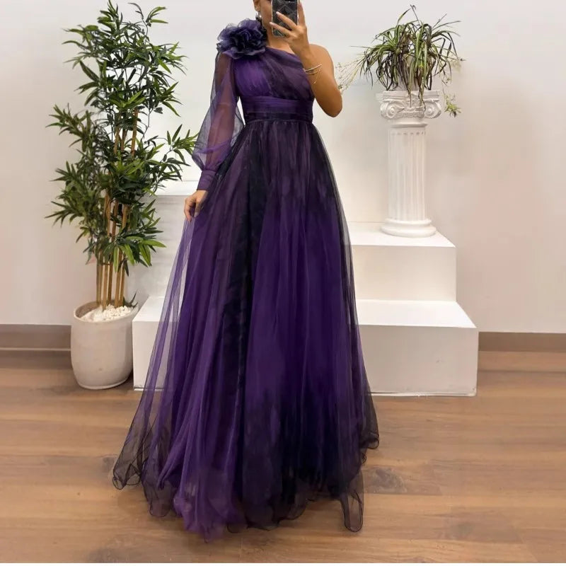 Women's Wedding Dress Spring Autumn New Sexy Off-shoulder Mesh Print Slit Casual Loose Party Prom Dresses For Women Robe Femal
