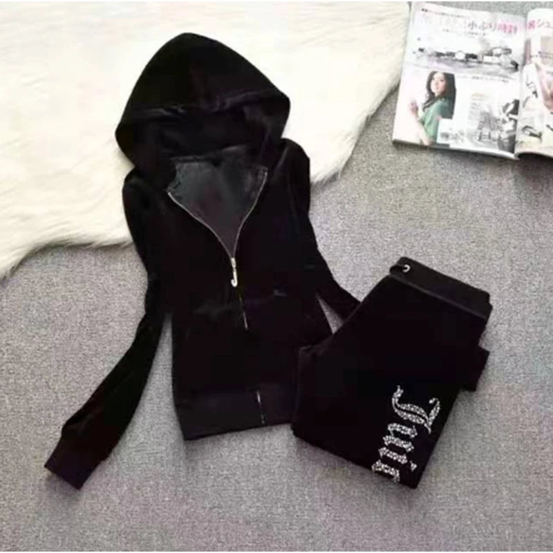 2 Pieces of Women's Outfit 2025 Fall Winter Women's Tracksuit Crystal Hoodies and Pant Sets Y2K Velvet Tracksuit
