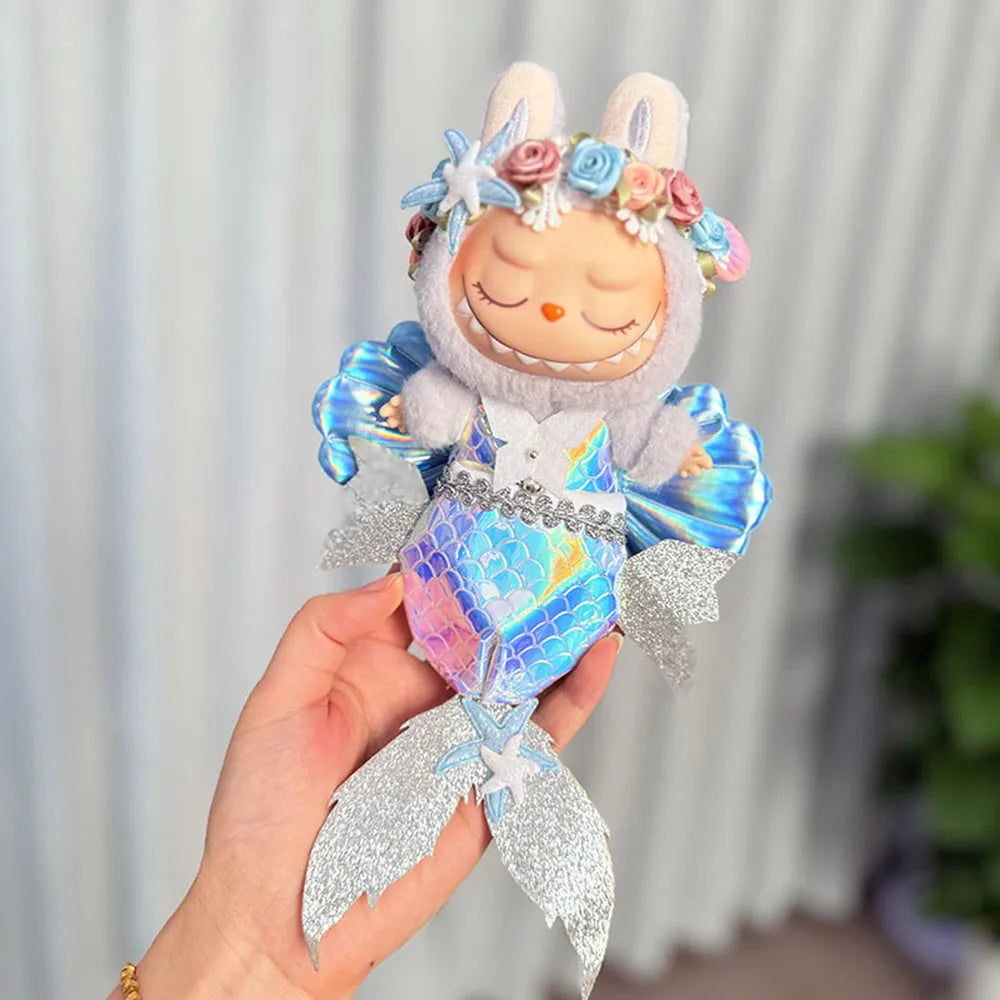 [No Doll] Mermaid Dress Sets For 15/17cm Labubu Dolls With Laser-Glossy Fish-Tail Costumes Paired With Shell