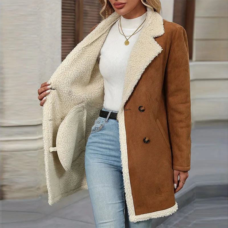 Women's Winter Jacket Plus Size Fleece Lined Jackets Streetwear Suede Coats Warm Notch Lapel Outerwear With Big Pockets