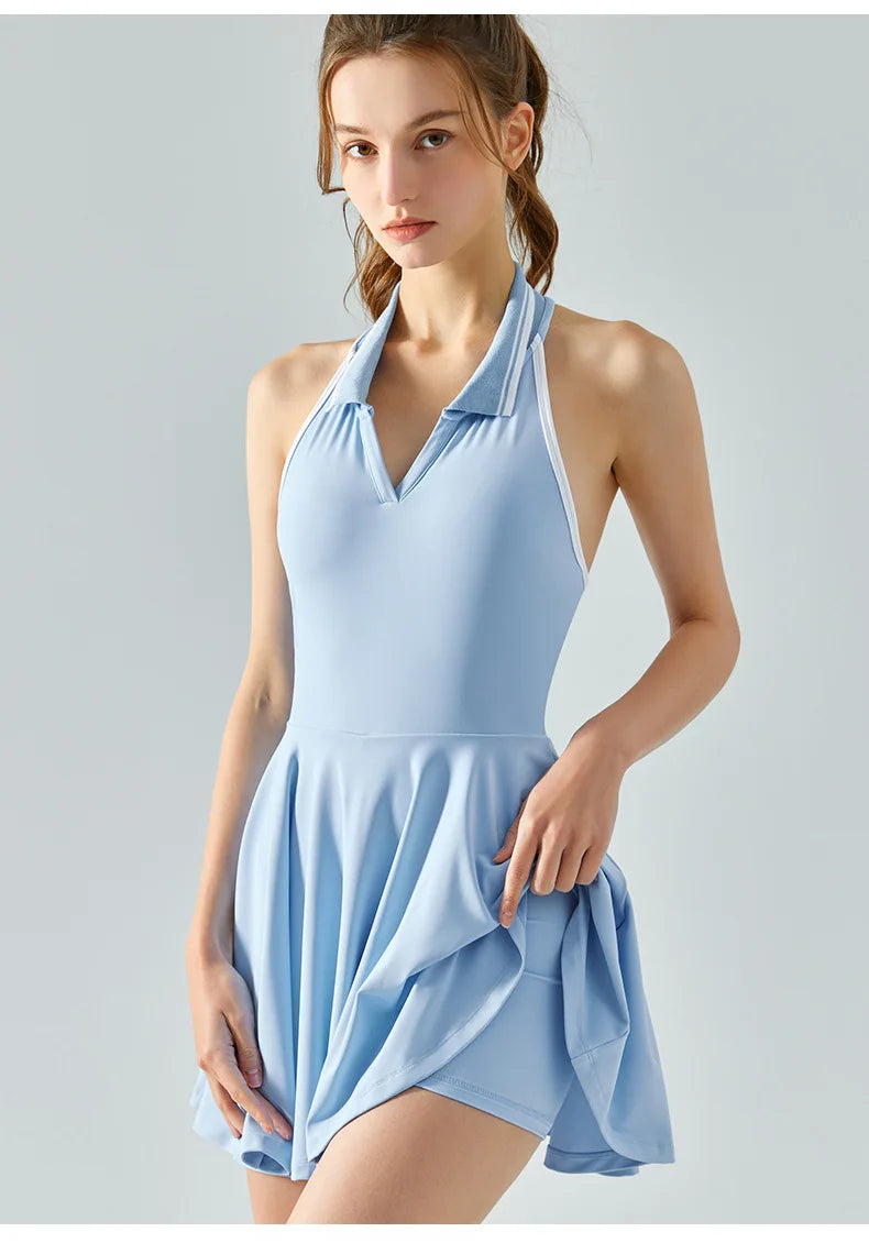 Women's Yoga Tennis Dress Built-in Bra Sports Tennis Dresses Jumpsuit Crisscross Back Activewear Quick-Dry Workout Two Piece Set