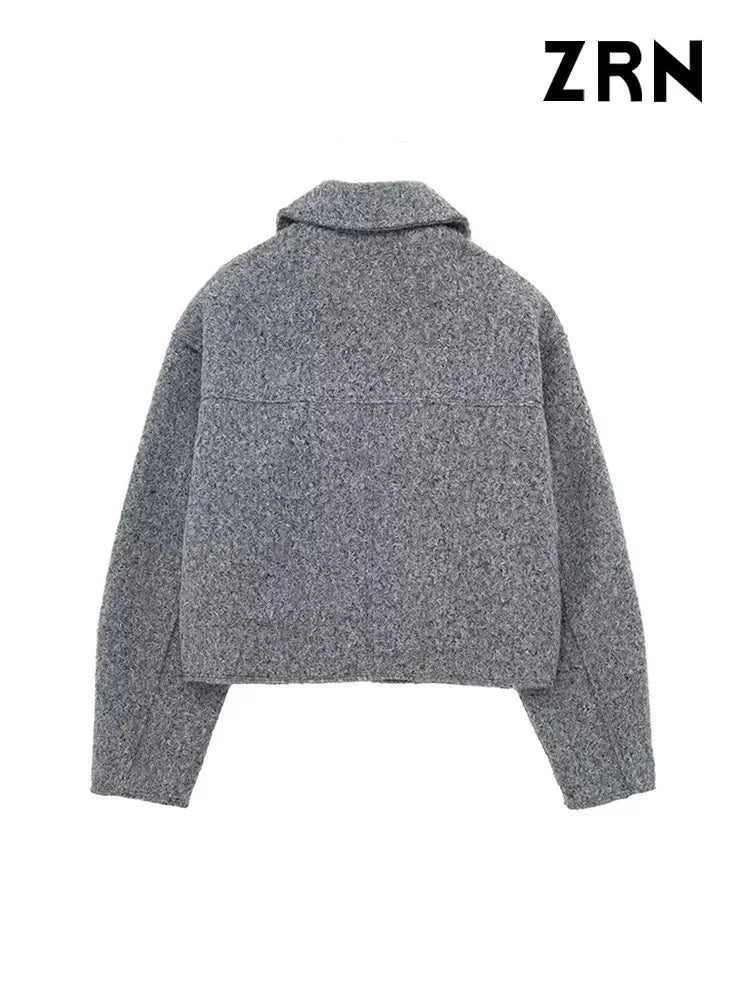 ZRN Women Fashion Patch Pockets With Flaps Cropped Jacket Coat Vintage Long Sleeve Front Zipper Female Outerwear Chic Tops