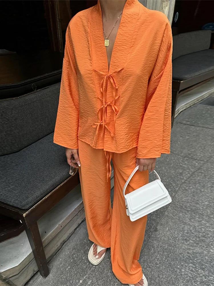 Long Sleeved Shirt Set Women Causal V Neck Hollow Lace Up Loose Top Solid Wide Leg Pants Suit New Lady High Street Outfits