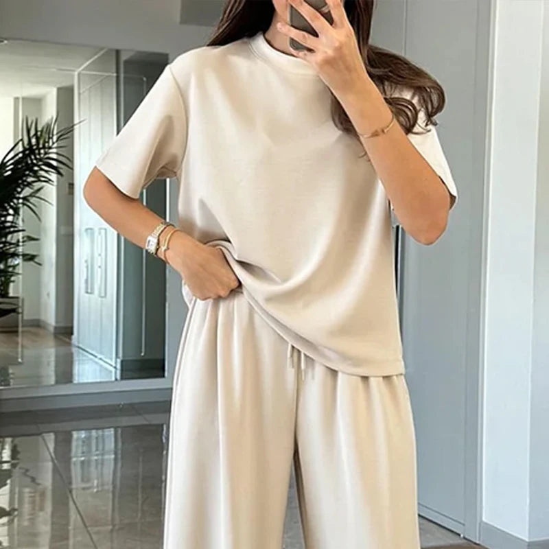 LIYONG Women Two Piece Set Summer Simple Casual Solid Office Round Neck Short Sleeve Top Drawstring Loose Wide Legs Pants Sets