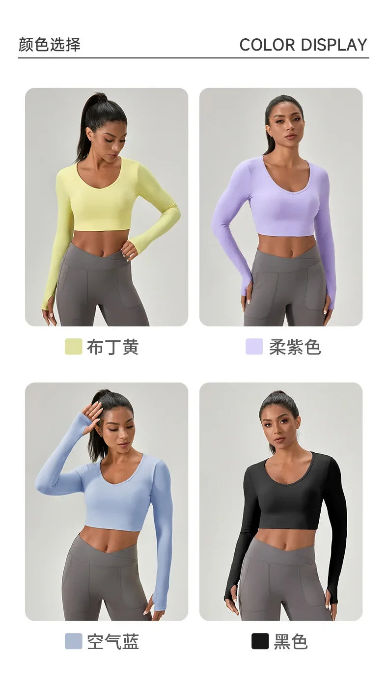 Women's Yoga Wear Tight Long-sleeved Shirt with Chest Pads Crossed Beautiful Back Sports Top Quick-drying Running Fitness Wear