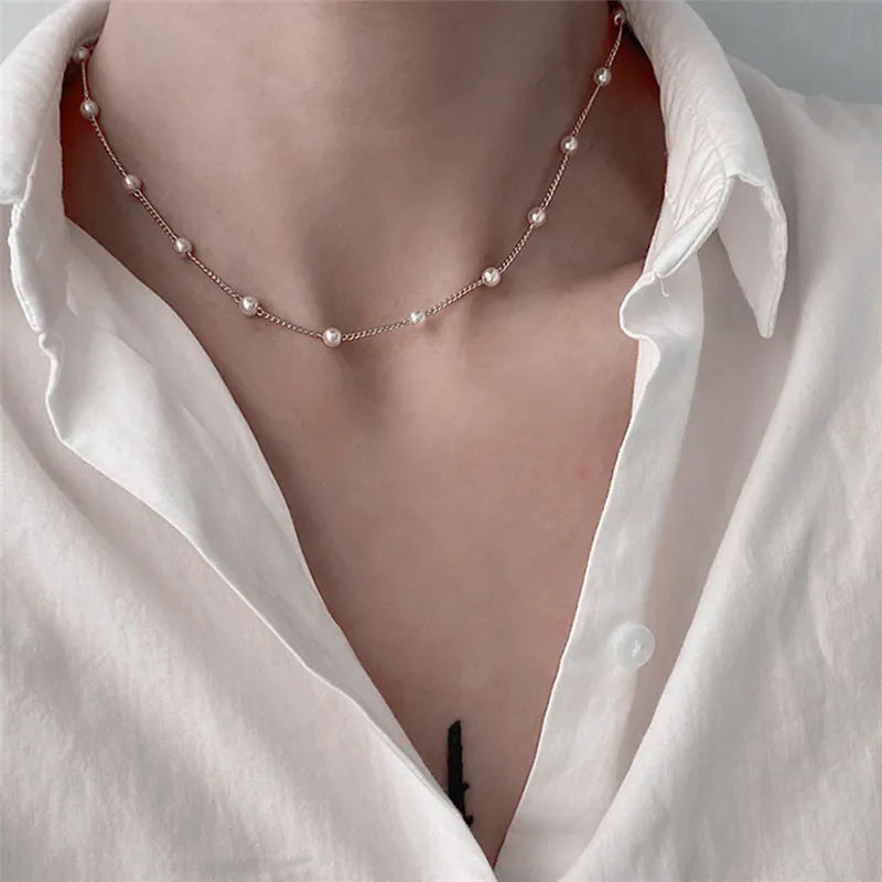 Womens Jewellery Colliers Chain Simulated Pearls Necklace Bridal Jewelry Necklaces Female White Wedding Gifts Collares Wholesale