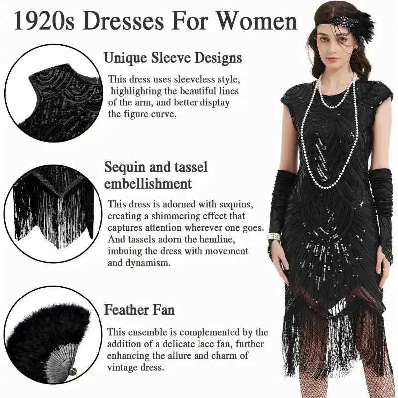 1920s Dresses for Women Flapper Dress Lace Fan Feather Headband Sequins Beads Fringes 20s Accessories Vintage Mafia Costume