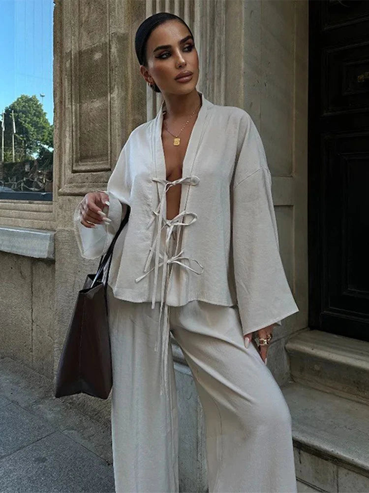 Long Sleeved Shirt Set Women Causal V Neck Hollow Lace Up Loose Top Solid Wide Leg Pants Suit New Lady High Street Outfits