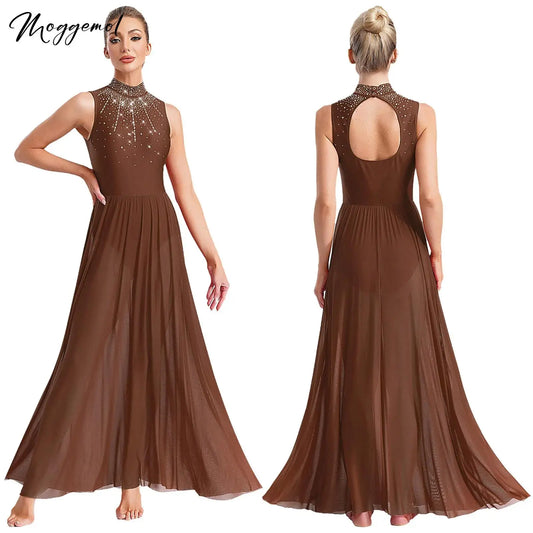 Womens Lyrical Dance Dresses Mock Neck Wide Hemline Shiny Rhinestones Maxi Dress Sleeveless Modern Contemporary Leotard Dresses