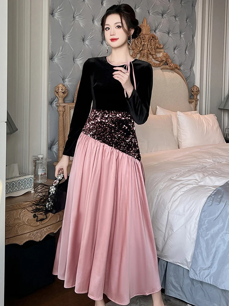 Women‘s French Elegant Banquet Dress Ladies Black Pink Splice Bandage Bright Sequin Swing Long Robe Female Party Vestidos Lady