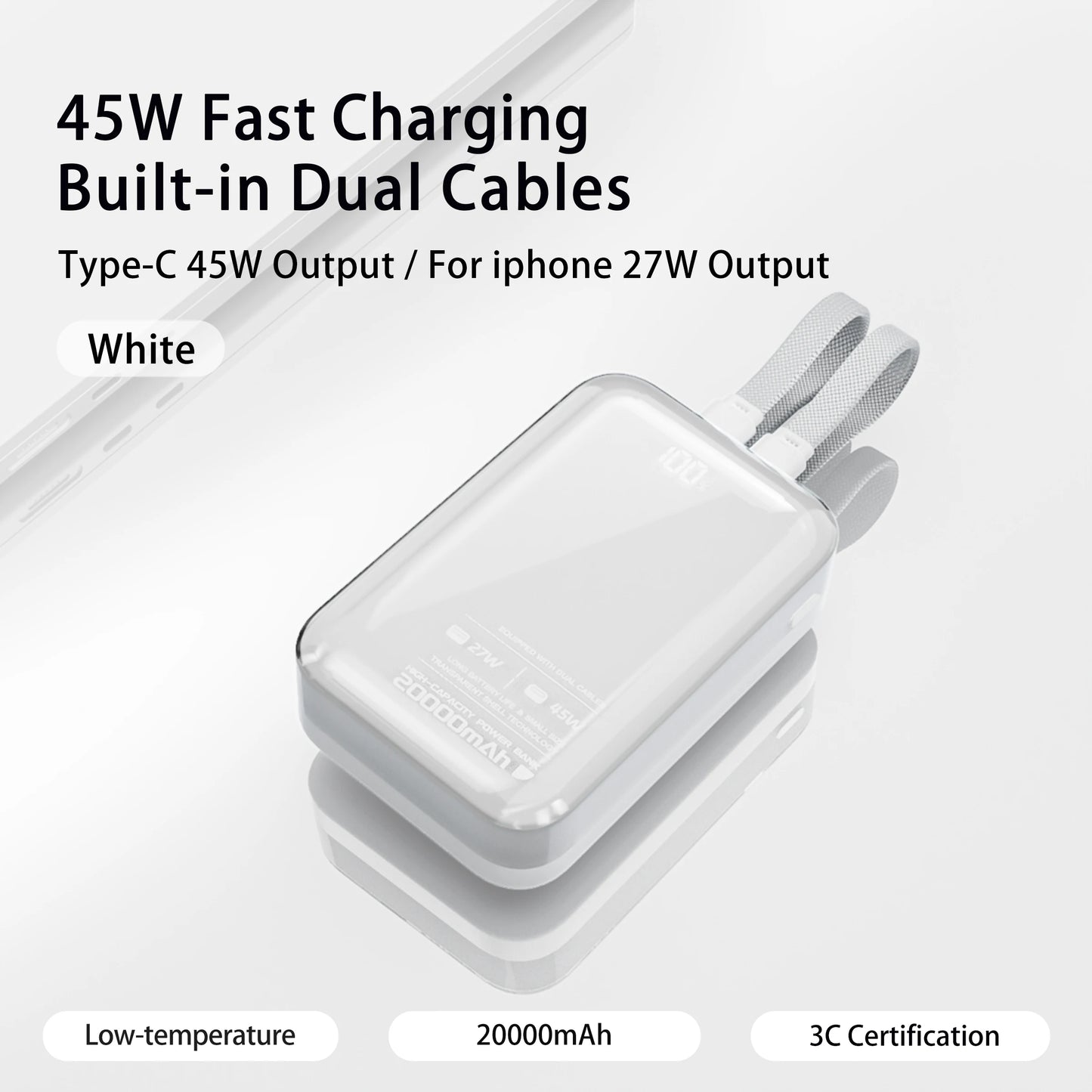 20000mAh Portable Power Bank 45W Type-C Super Fast Charging Built-in Dual Charging Cables for iPhone 17 16 Mobile Phone Xiaomi