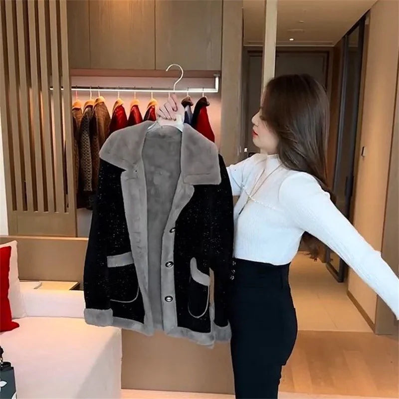 Women's Winter New Lamb Wool Jacket Fashion Woolen Jacket 2024 Spring Female's Fur Outwear Slimming and Plush Thickened Coat 6XL