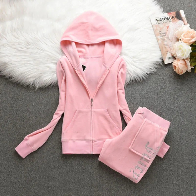 2 Pieces of Women's Outfit 2025 Fall Winter Women's Tracksuit Crystal Hoodies and Pant Sets Y2K Velvet Tracksuit