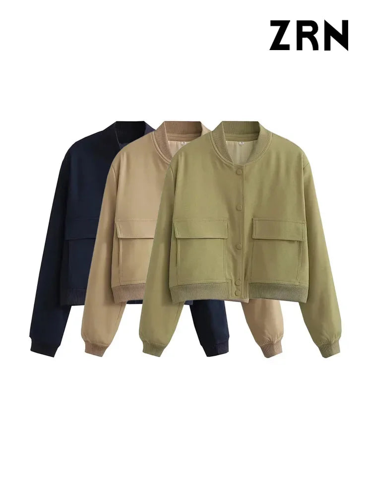 ZRN Women Fashion With Pockets Bomber Jacket Coats Vintage Long Sleeve Front Button Casual Female Outerwear Chic Tops