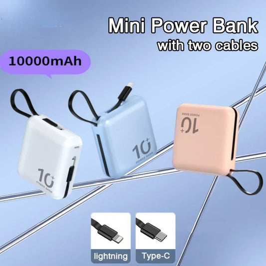 10000mAh Portable Mini Power Bank Build-in Cable Fast Charger External Spare Battery 5000mAh Small Powerbank For iPhone Xiaomi