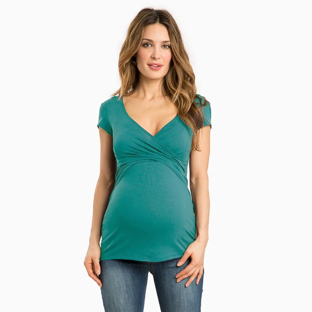 Women‘s Maternity & Nursing Dress - Front V-Neck Short Sleeve Breastfeeding Friendly Dress, Pregnancy Tops with Side Openings