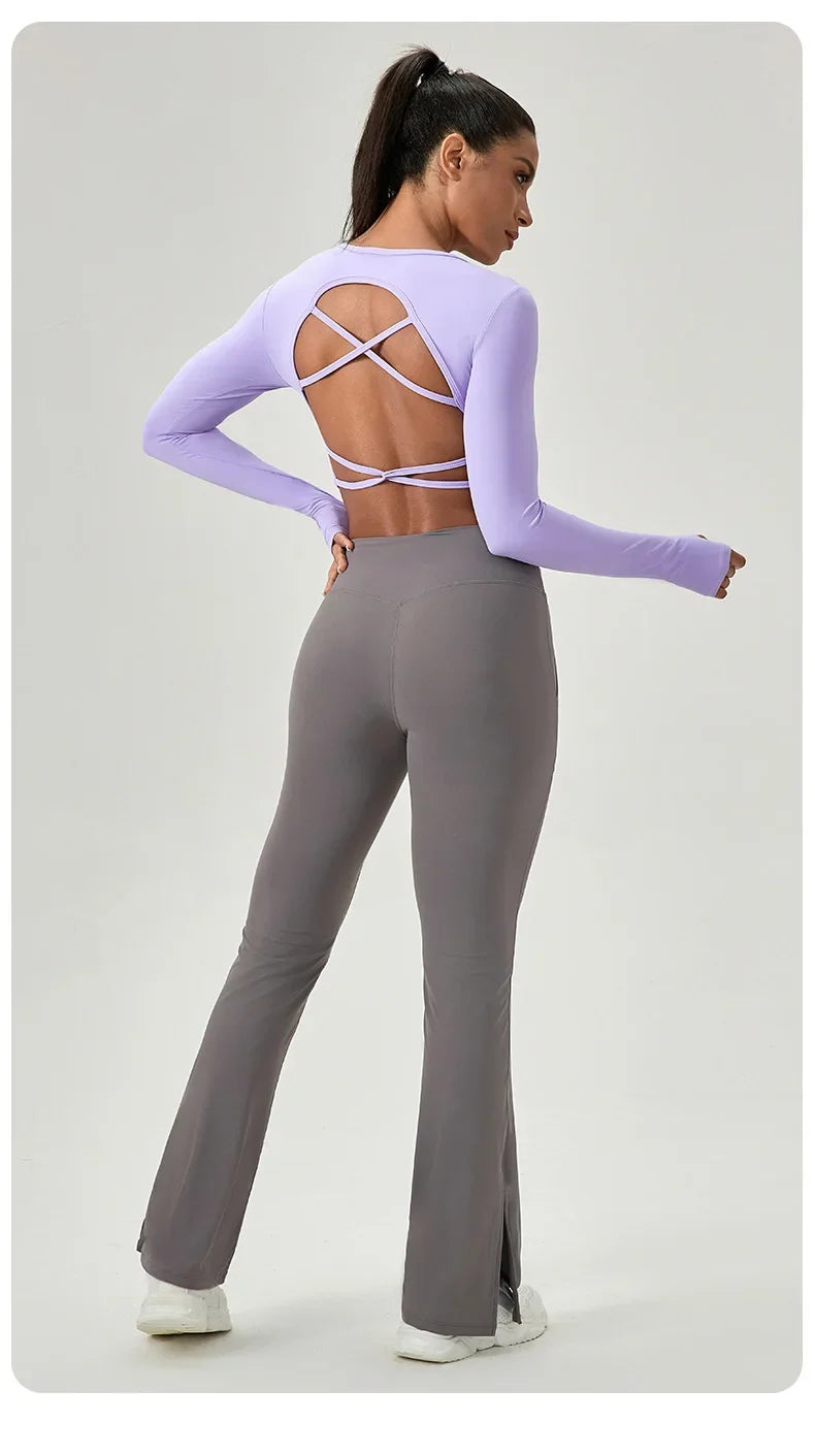 Women's Yoga Wear Tight Long-sleeved Shirt with Chest Pads Crossed Beautiful Back Sports Top Quick-drying Running Fitness Wear