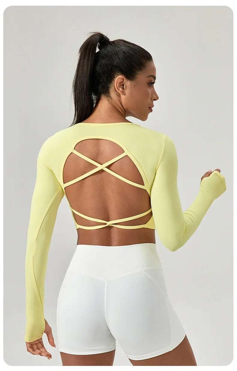 Women's Yoga Wear Tight Long-sleeved Shirt with Chest Pads Crossed Beautiful Back Sports Top Quick-drying Running Fitness Wear