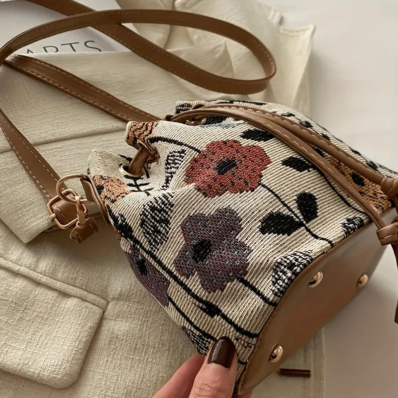 Women's White Bucket Bag with Vibrant Floral Pattern Adjustable Drawstring Closure Convertible Crossbody/Handbag Polyester Lined