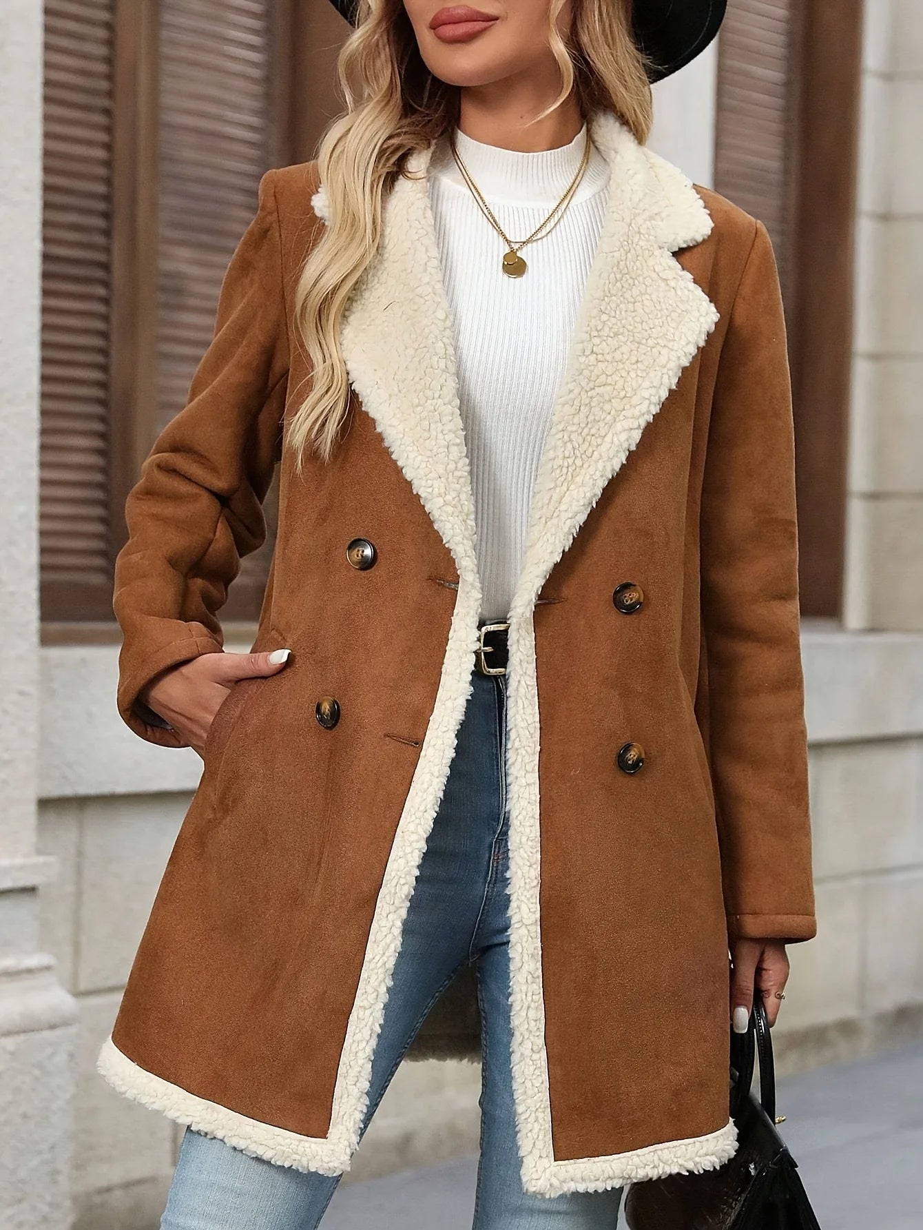 Women's Winter Jacket Plus Size Fleece Lined Jackets Streetwear Suede Coats Warm Notch Lapel Outerwear With Big Pockets