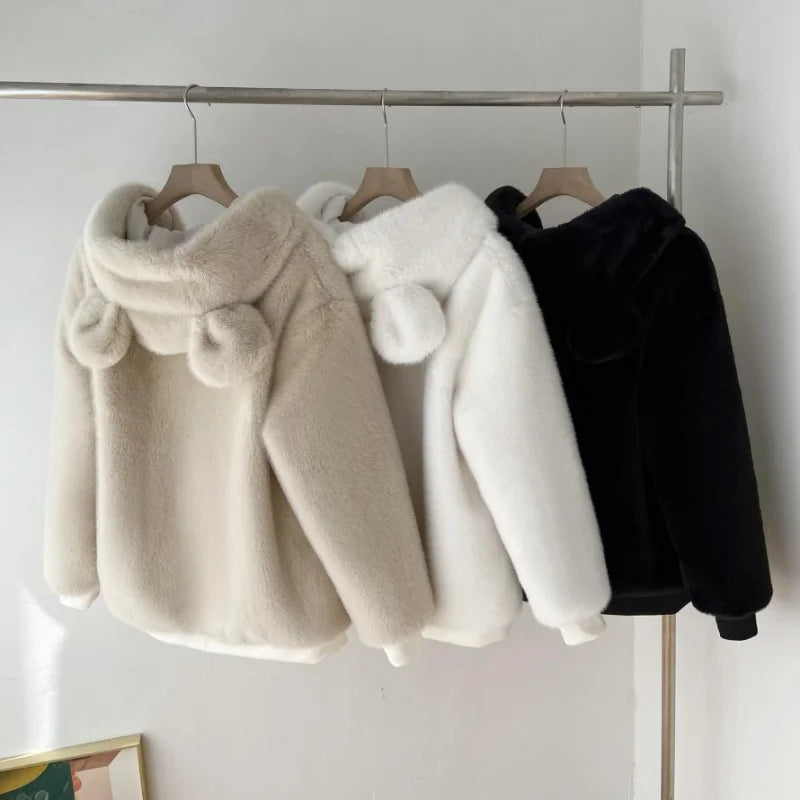 ZXRYXGS Autumn Winter Women Coat Imitation Fur Coat 2023 Bestselling Hooded Bear Ears Cotton Clothing Woman's Jacket Coat