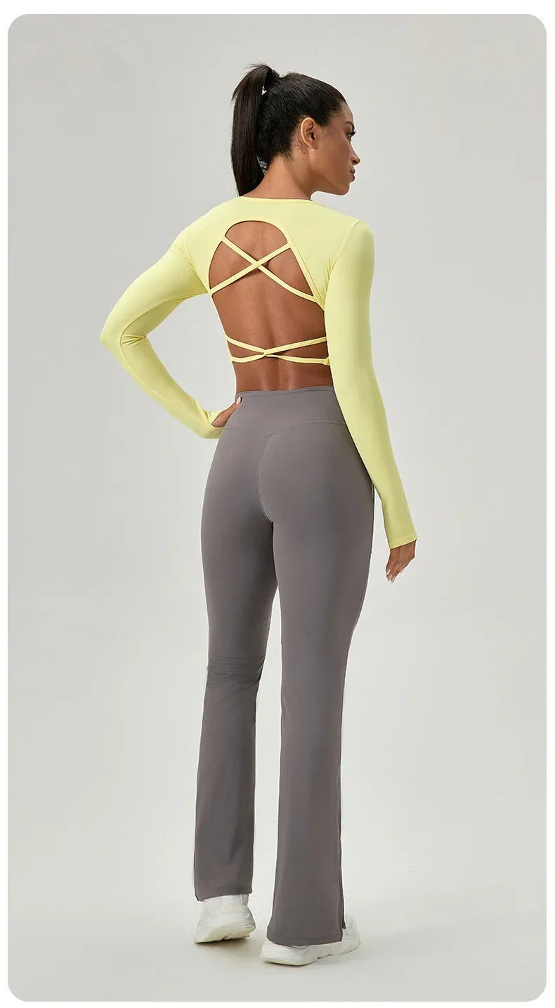 Women's Yoga Wear Tight Long-sleeved Shirt with Chest Pads Crossed Beautiful Back Sports Top Quick-drying Running Fitness Wear
