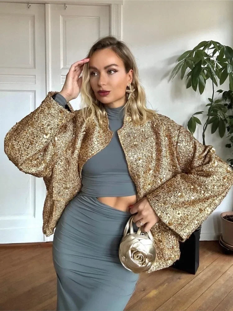 Chic Golden Sequin Zipper Jacket For Women Fashion Loose Round Neck Long Sleeved Coats Spring Female Party Club Shiny Outerwear