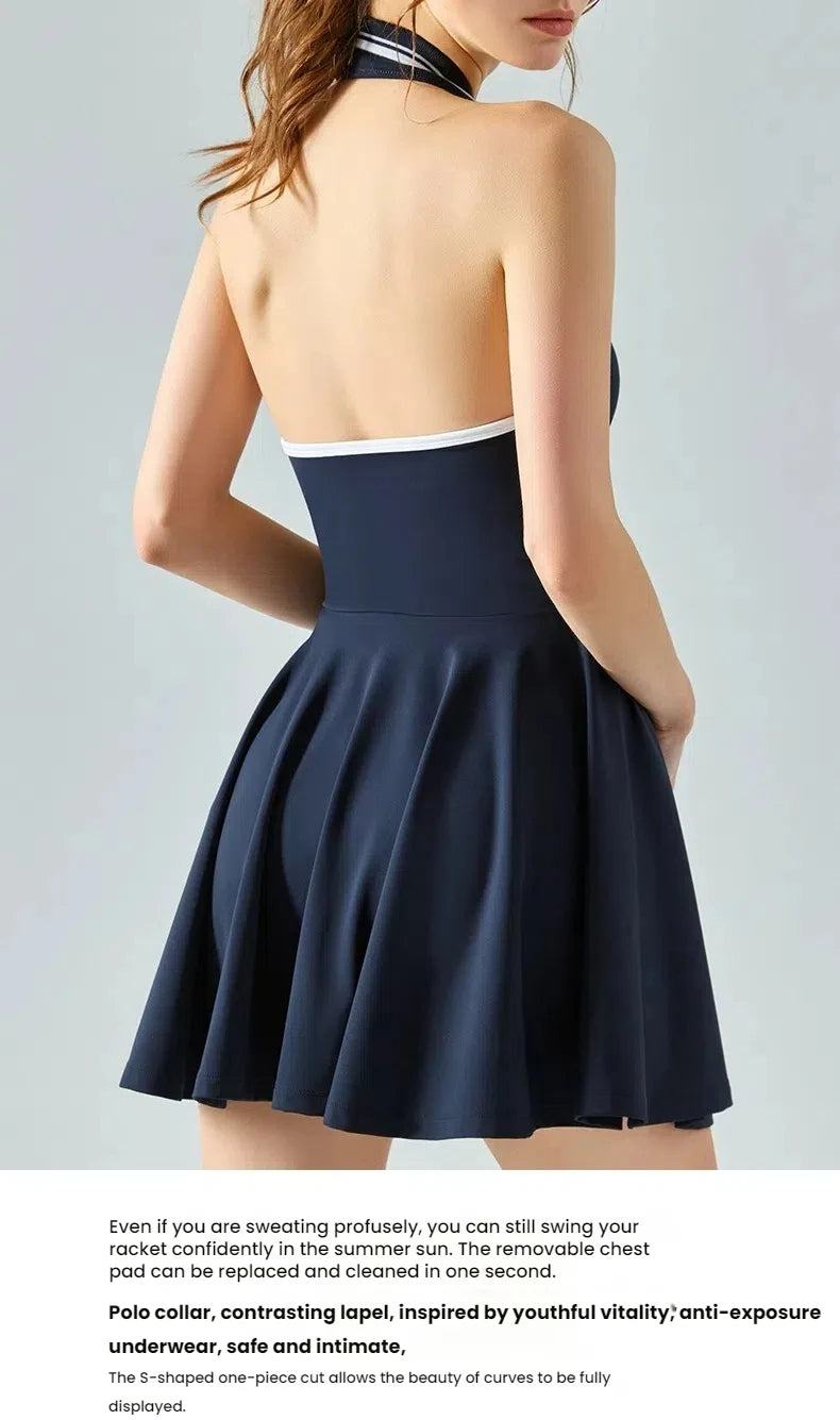 Women's Yoga Tennis Dress Built-in Bra Sports Tennis Dresses Jumpsuit Crisscross Back Activewear Quick-Dry Workout Two Piece Set