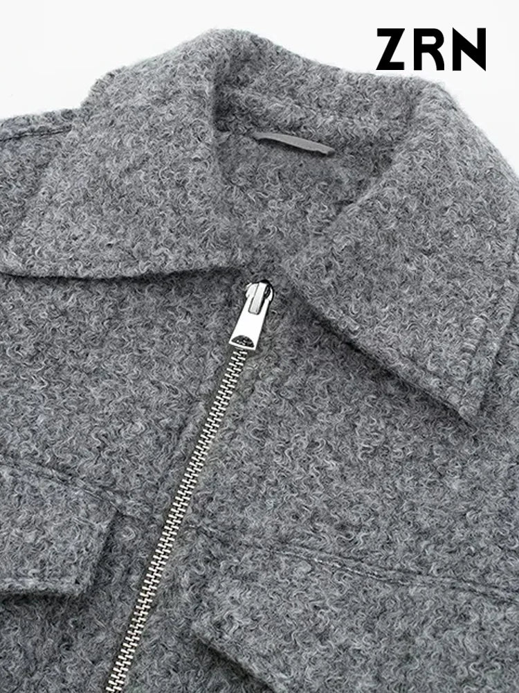 ZRN Women Fashion Patch Pockets With Flaps Cropped Jacket Coat Vintage Long Sleeve Front Zipper Female Outerwear Chic Tops