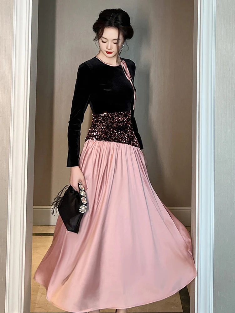 Women‘s French Elegant Banquet Dress Ladies Black Pink Splice Bandage Bright Sequin Swing Long Robe Female Party Vestidos Lady
