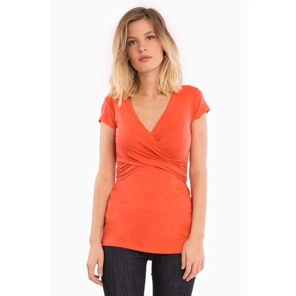 Women‘s Maternity & Nursing Dress - Front V-Neck Short Sleeve Breastfeeding Friendly Dress, Pregnancy Tops with Side Openings