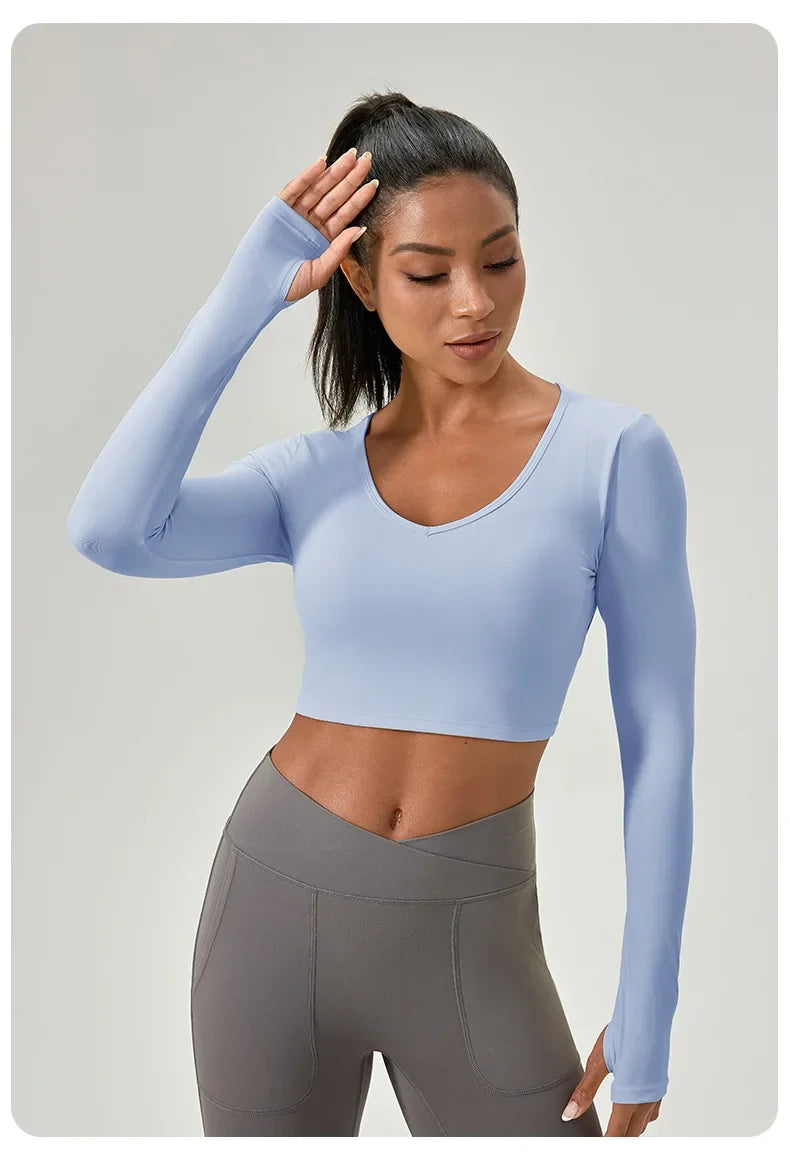 Women's Yoga Wear Tight Long-sleeved Shirt with Chest Pads Crossed Beautiful Back Sports Top Quick-drying Running Fitness Wear