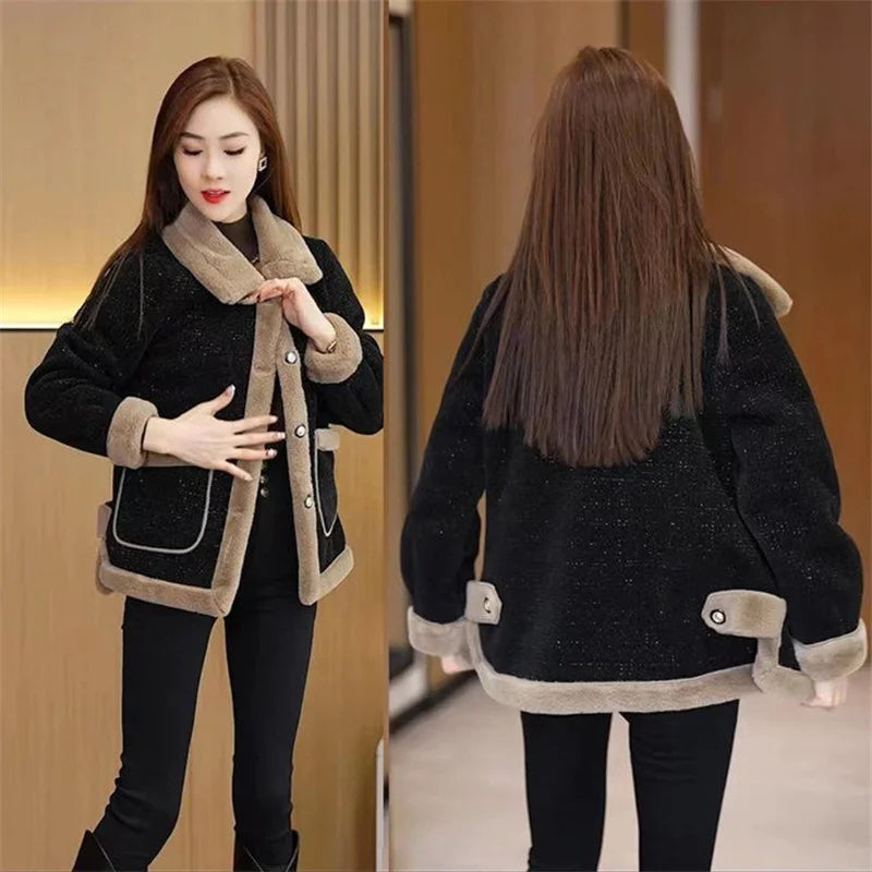 Women's Winter New Lamb Wool Jacket Fashion Woolen Jacket 2024 Spring Female's Fur Outwear Slimming and Plush Thickened Coat 6XL