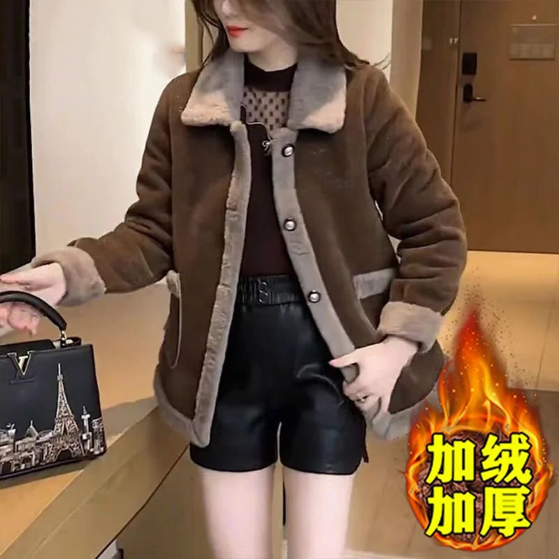 Women's Winter New Lamb Wool Jacket Fashion Woolen Jacket 2024 Spring Female's Fur Outwear Slimming and Plush Thickened Coat 6XL