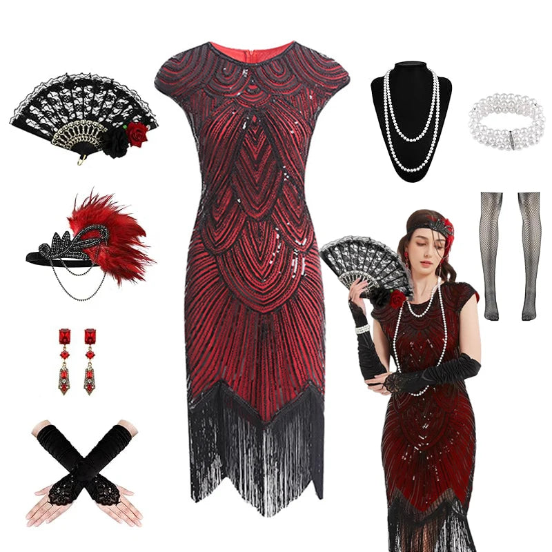 1920s Dresses for Women Flapper Dress Lace Fan Feather Headband Sequins Beads Fringes 20s Accessories Vintage Mafia Costume