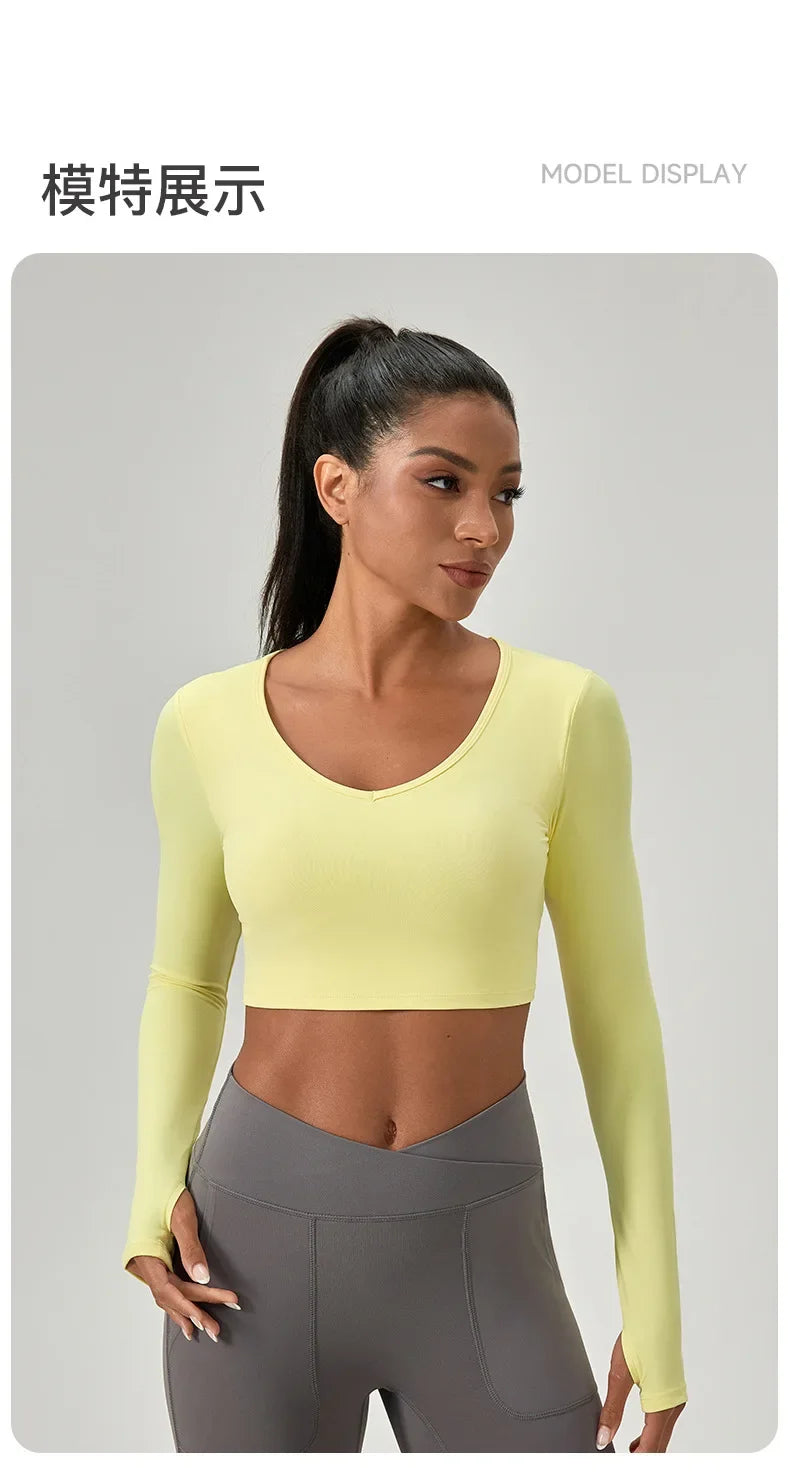Women's Yoga Wear Tight Long-sleeved Shirt with Chest Pads Crossed Beautiful Back Sports Top Quick-drying Running Fitness Wear
