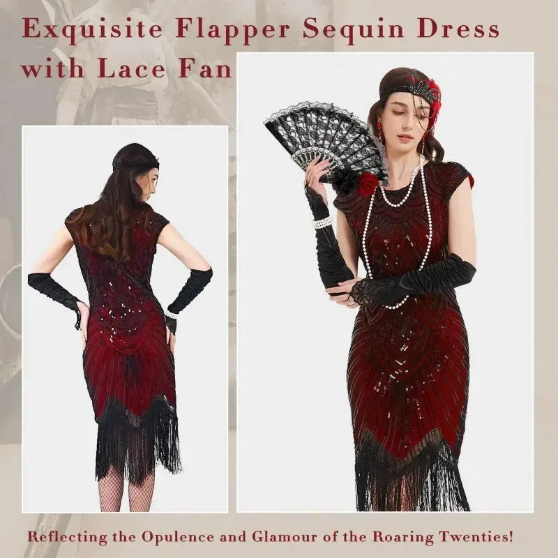1920s Dresses for Women Flapper Dress Lace Fan Feather Headband Sequins Beads Fringes 20s Accessories Vintage Mafia Costume
