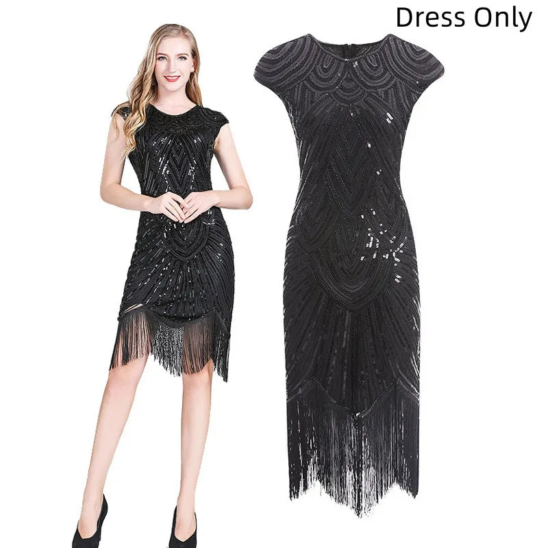 1920s Dresses for Women Flapper Dress Lace Fan Feather Headband Sequins Beads Fringes 20s Accessories Vintage Mafia Costume
