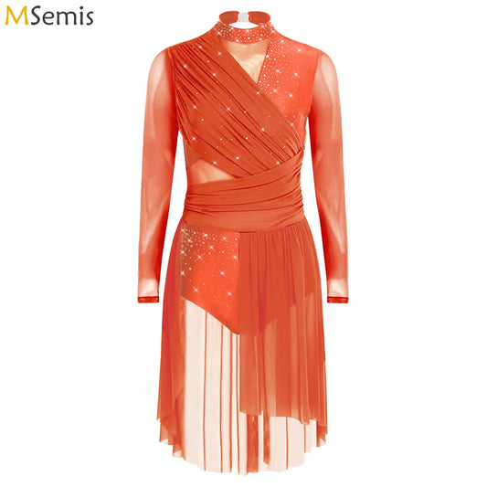 Womens Gymnastics Lyrical Ballet Dance Glittery Rhinestone Dress Ruched Backless Leotard Dresses Contemporary Dance Costumes