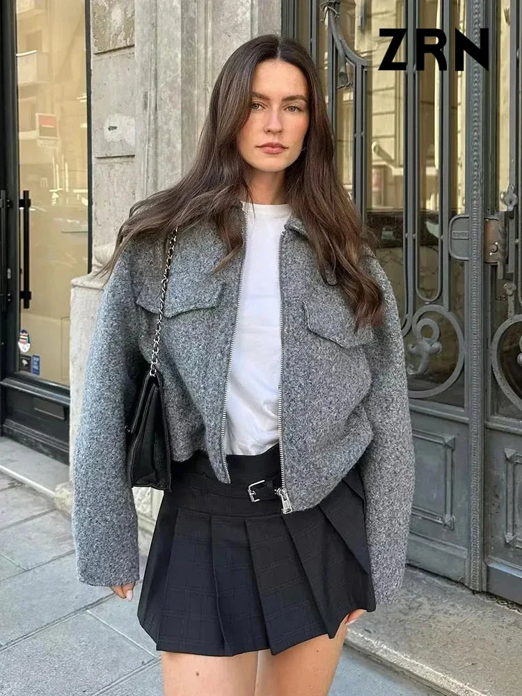 ZRN Women Fashion Patch Pockets With Flaps Cropped Jacket Coat Vintage Long Sleeve Front Zipper Female Outerwear Chic Tops