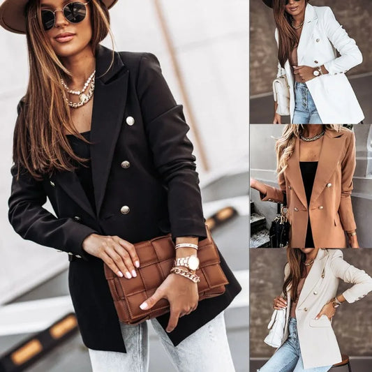 Women's S-2XL size 2024 best-selling autumn and winter new solid color long sleeved double breasted suit jacket