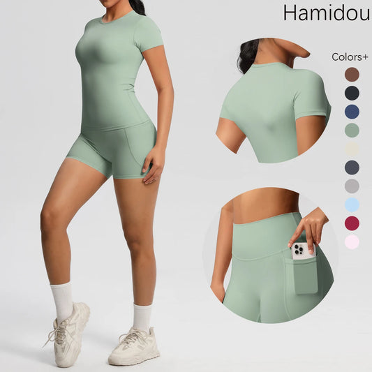 Workout Sportswear 2Pcs Piece Female Yoga Shirt Push Up Workout Clothes Women Outdoors Sport  High Waist  Fitness Sport Shorts