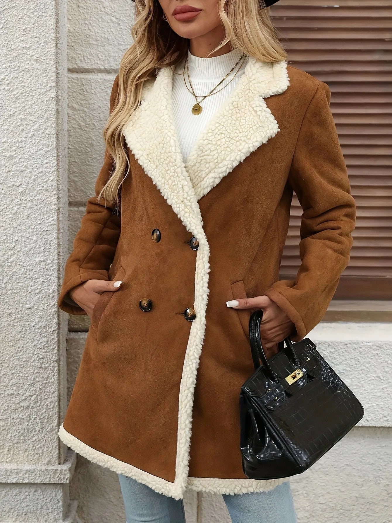 Women's Winter Jacket Plus Size Fleece Lined Jackets Streetwear Suede Coats Warm Notch Lapel Outerwear With Big Pockets