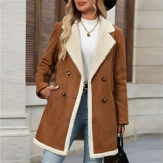 Women's Winter Jacket Plus Size Fleece Lined Jackets Streetwear Suede Coats Warm Notch Lapel Outerwear With Big Pockets