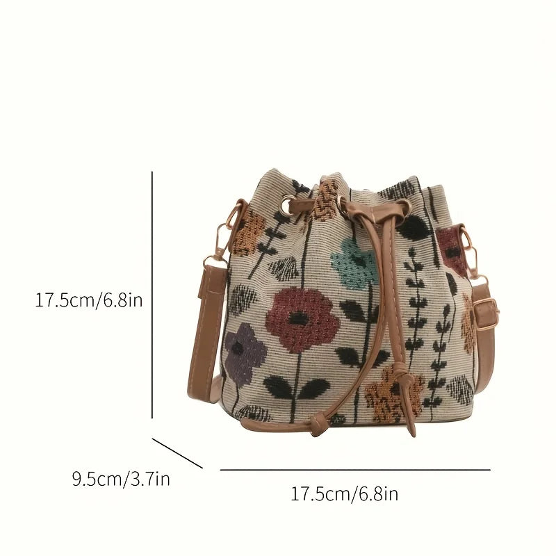 Women's White Bucket Bag with Vibrant Floral Pattern Adjustable Drawstring Closure Convertible Crossbody/Handbag Polyester Lined