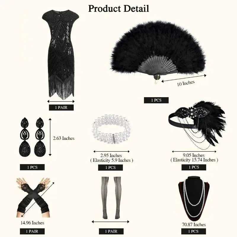 1920s Dresses for Women Flapper Dress Lace Fan Feather Headband Sequins Beads Fringes 20s Accessories Vintage Mafia Costume
