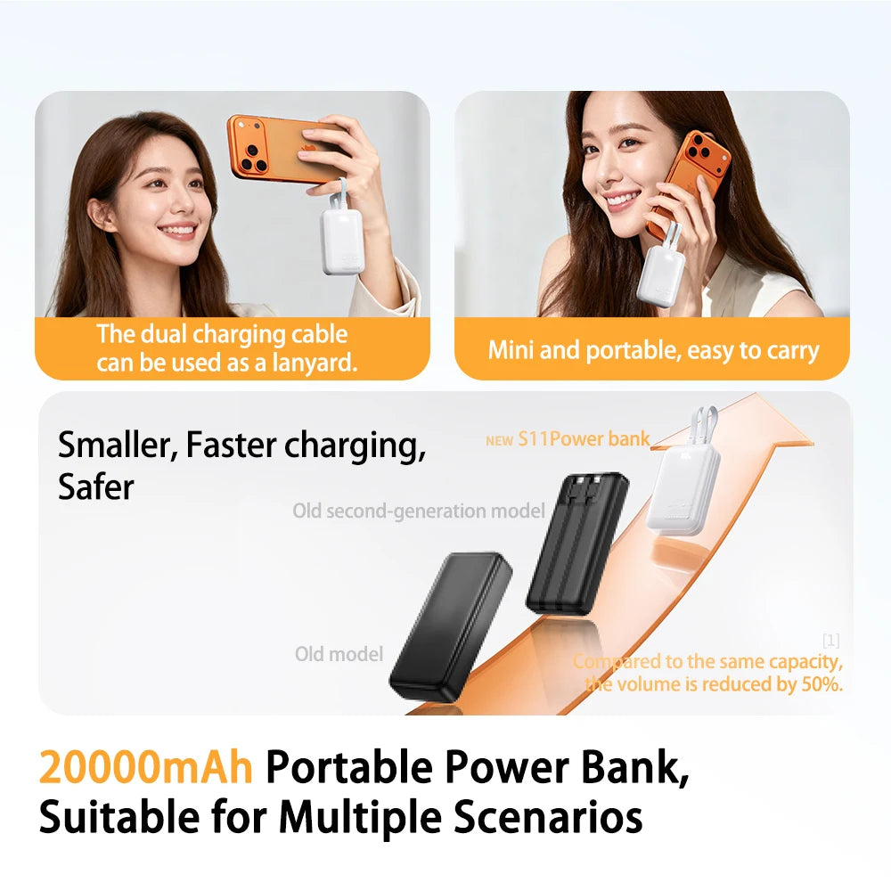 20000mAh Portable Power Bank 45W Type-C Super Fast Charging Built-in Dual Charging Cables for iPhone 17 16 Mobile Phone Xiaomi