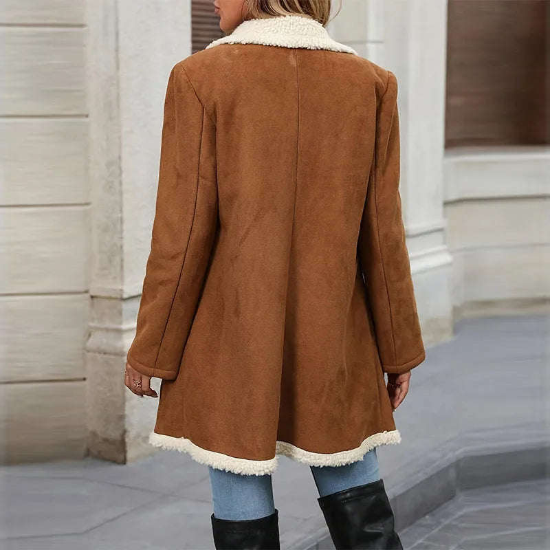 Women's Winter Jacket Plus Size Fleece Lined Jackets Streetwear Suede Coats Warm Notch Lapel Outerwear With Big Pockets